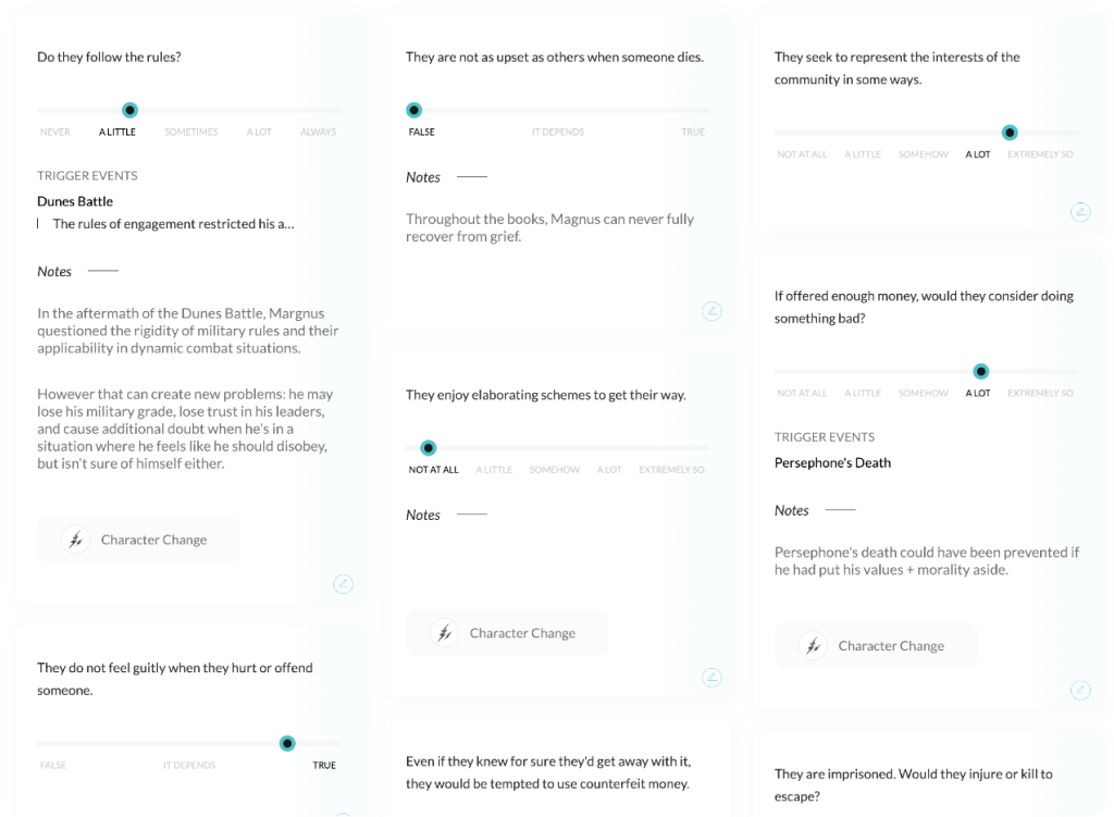 Mobile view of character relationships feature